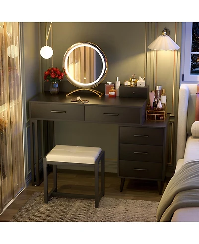 Aheaplus Vanity Desk with Mirror and Lights, Makeup Set 6 Drawers Stool