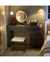 Aheaplus Vanity Desk with Mirror and Lights, Makeup Set 6 Drawers Stool