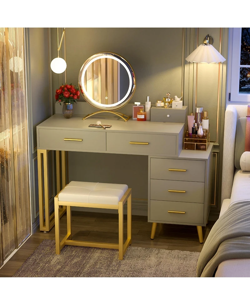 Aheaplus Vanity Desk with Mirror and Lights, Makeup Set 6 Drawers Stool