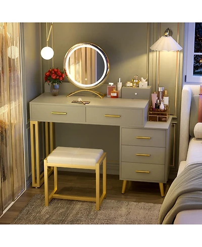 Aheaplus Vanity Desk with Mirror and Lights, Makeup Set 6 Drawers Stool