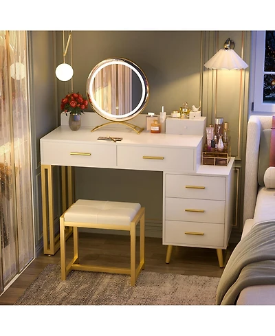 Aheaplus Vanity Desk with Mirror and Lights, Makeup Set 6 Drawers Stool