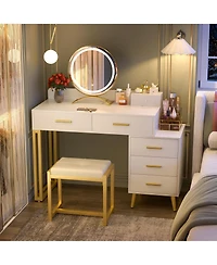 Aheaplus Vanity Desk with Mirror and Lights, Makeup Set 6 Drawers Stool