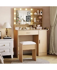gaomon Vanity Desk with Hd Mirror and 10 Led Bulbs - 3 Adjustable Lighting Modes - Power Outlet and Hairdryer Rack Makeup Vanity Set for Bedroom