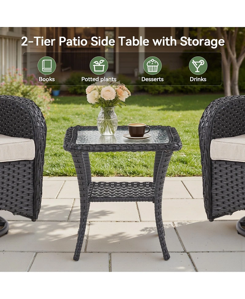 Pocassy Outdoor Side Table - Tempered Glass Wicker Table, Waterproof Patio Coffee Rattan End with Storage