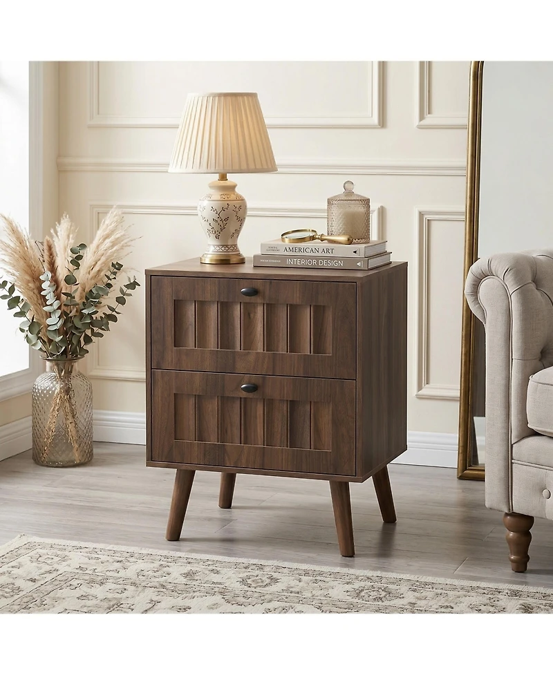 Sailvan Mid-Century Modern Double-Drawer Bedside Table 2-Pack, Walnut with Solid Wood Legs