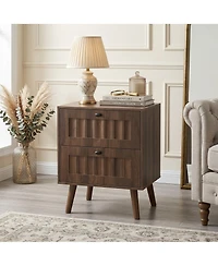 Sailvan Mid-Century Modern Double-Drawer Bedside Table 2-Pack, Walnut with Solid Wood Legs