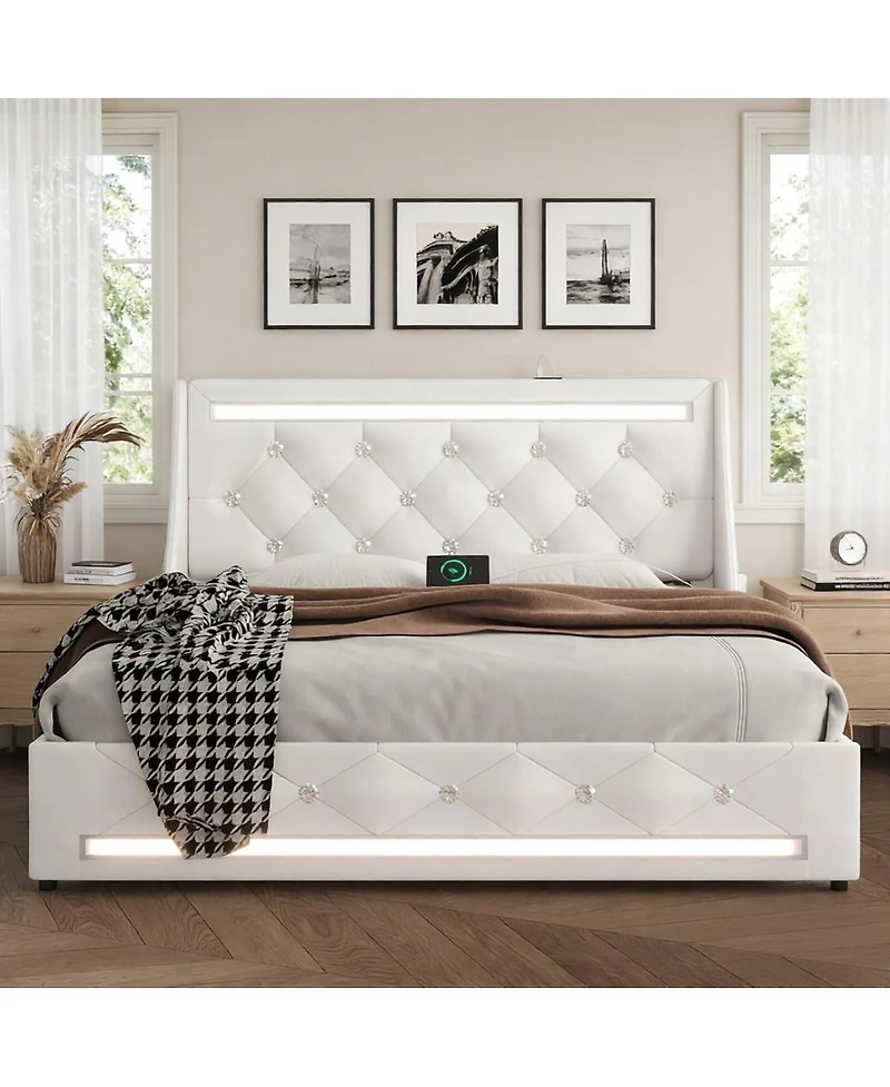 Streamdale Furniture Full Size Upholstered Wingback Bed Frame with Led, Storage and Charging Station