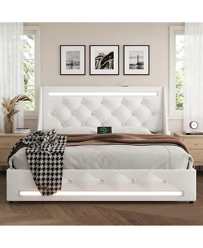 Streamdale Furniture Full Size Upholstered Wingback Bed Frame with Led, Storage and Charging Station