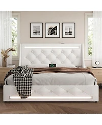 Streamdale Furniture Full Size Upholstered Wingback Bed Frame with Led, Storage and Charging Station