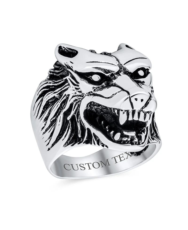 Bling Jewelry Hunter Animal Norse Viking Warrior Signet Fierce Wolf Head Ring Oxidized .925 Sterling Silver