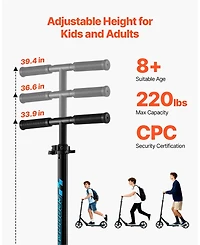 Mecale 2-Wheel Kick Scooter, Adjustable Handlebar, Wide Non-Slip Deck, Foldable Lightweight, 220-Lb Capacity