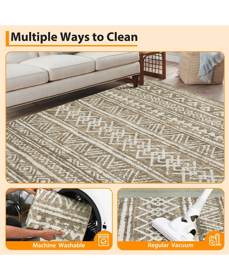 gaomon Washable Geometric Area Rug, Soft Non Slip Low Pile Indoor Carpet for Living Room Bedroom, Taupe 8 x 10 ft