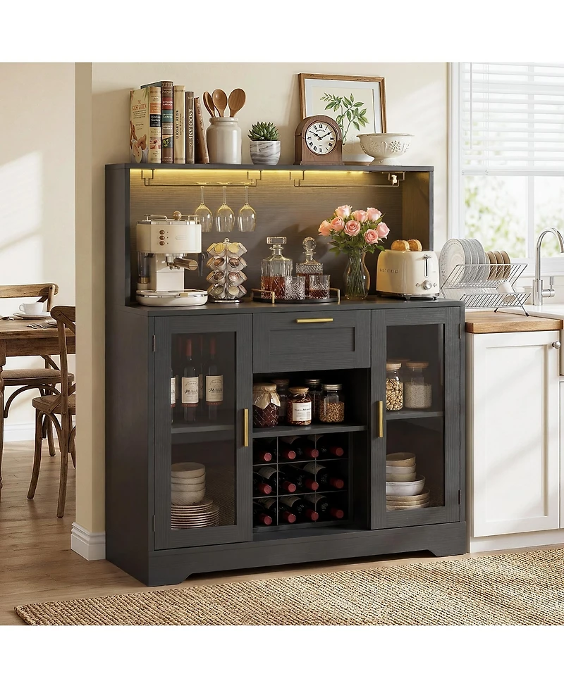 Aheaplus Kitchen Wine Bar Cabinet with Rack and Door, Coffee Buffet Table Storage Drawer
