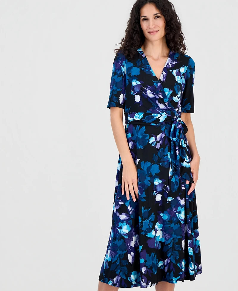 Kasper Women's Elbow-Sleeve Wrap-Front Fit & Flare Dress