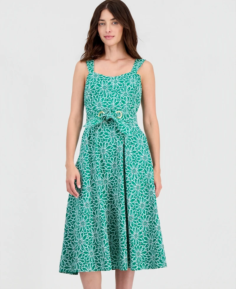 Tahhari Asl Women's Cotton Eyelet Belted Midi Dress