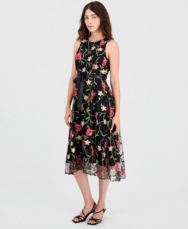 Tahari Asl Women's Embroidered Belted Sleeveless Dress