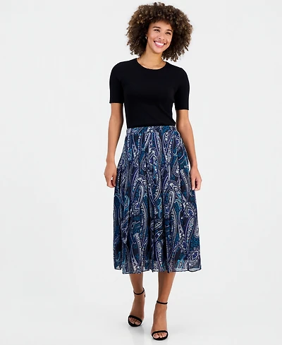 Kasper Women's Printed Pleated Pull-On Midi Skirt