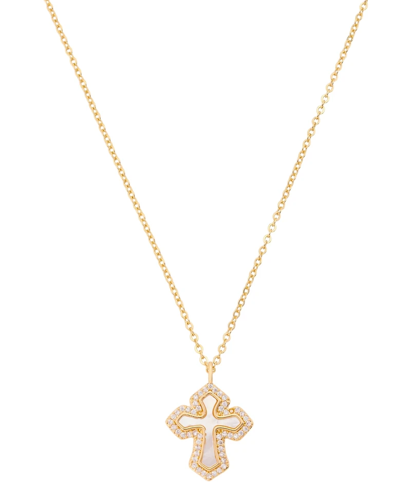 Unwritten Imitation Pearl and Cubic Zirconia Gold-Tone Plated Cross Pendant Necklace