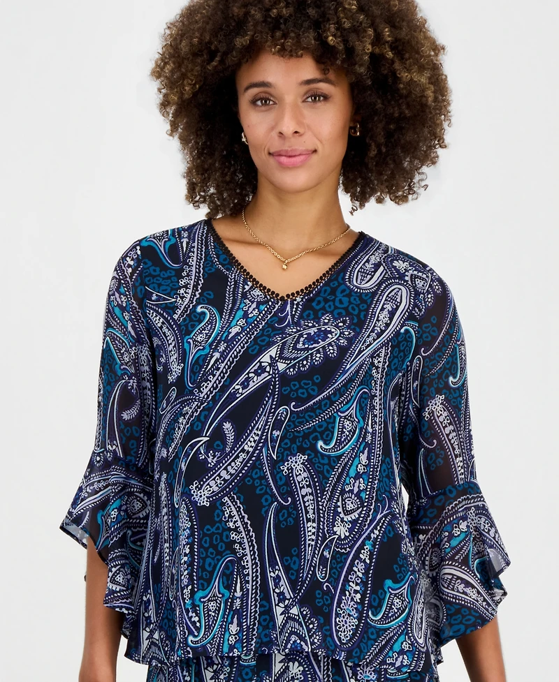 Kasper Petite Printed V-Neck Ruffle Sleeve Chiffon Top