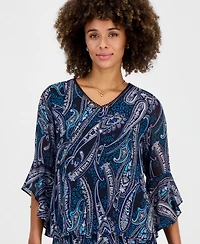 Kasper Petite Printed V-Neck Ruffle Sleeve Chiffon Top
