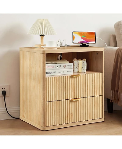 homfan Bedside Table with Charging Station, Usb Ports and Power Outlet, Drawers and Open Shelf Compact End Table for Small Spaces Home Office