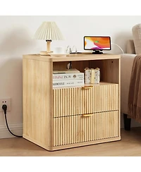 homfan Bedside Table with Charging Station, Usb Ports and Power Outlet, Drawers and Open Shelf Compact End Table for Small Spaces Home Office