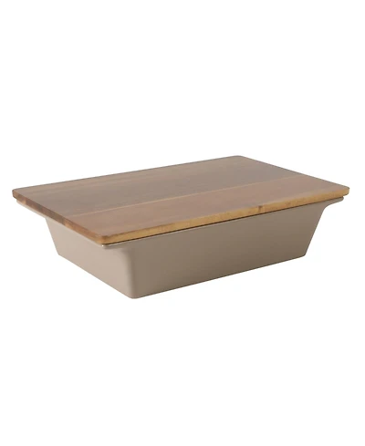 Gibson Home Elite 2.75-Quart 13.5" x 8.5" Stoneware Baking Dish with Acacia Wood Lid – Taupe Rectangular Oven Safe Baker