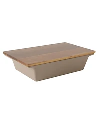 Gibson Home Elite 2.75-Quart 13.5" x 8.5" Stoneware Baking Dish with Acacia Wood Lid – Taupe Rectangular Oven Safe Baker