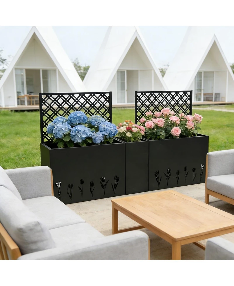 Asagikoiai Metal Planter-Trellis Combo Set of 3, Raised Garden Bed Set with Privacy Screen