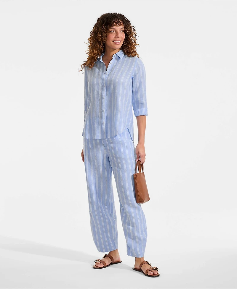 Lands' End Petite Linen High Rise Pleated Barrel Leg Ankle Pants