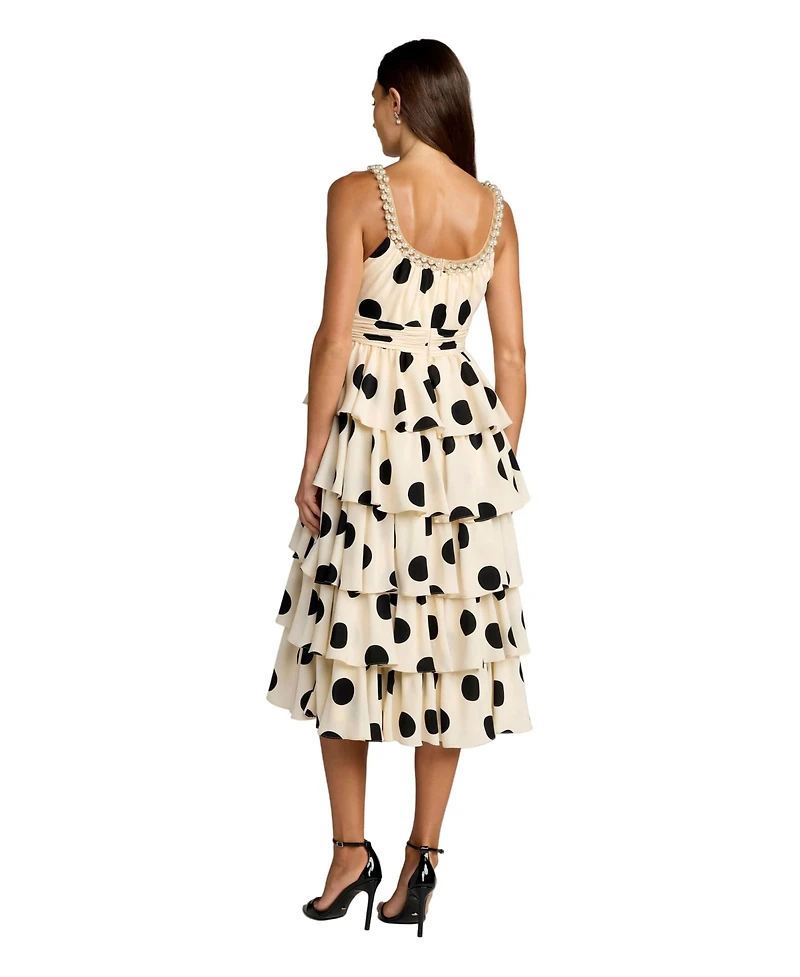 Mac Duggal Women's Polka Dot Charmeuse Scoop Neck Ruffle Midi Dress