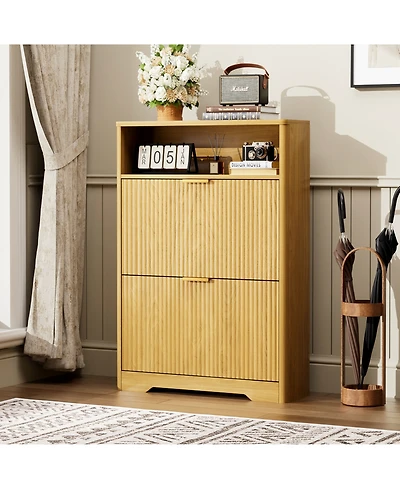 Rainsken Fluted Shoe Cabinet, Modern Wood Shoe Storage Organizer, Hidden Entryway Shoe Rack with 2 Flip Drawers and Open Shelf for Hallway