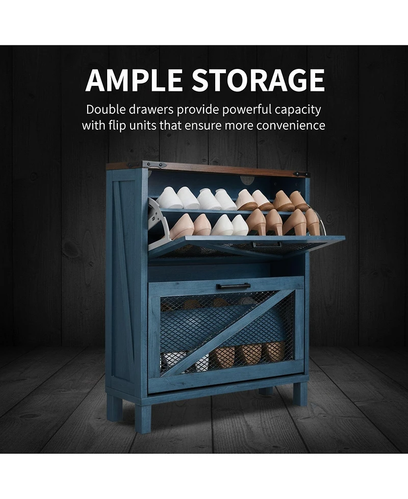 Yigii Farmhouse Shoe Cabinet 2 Flip Drawers Mesh Doors Adjustable Shelves Wooden Organizer for Entryway