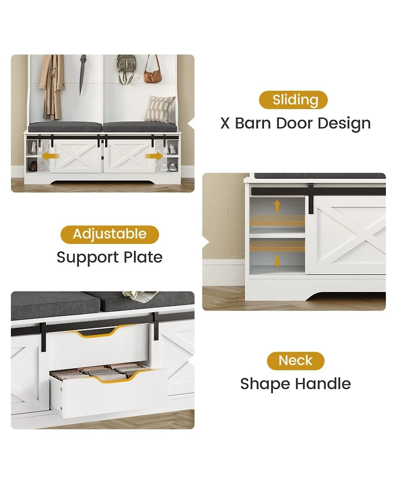 Yigii Hall Tree Bench Shoe Storage Coat Rack Farmhouse Barn Door 4in1 Cushioned Stool Hooks