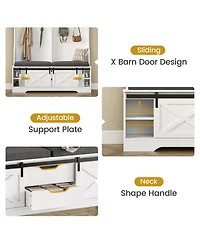 Yigii Hall Tree Bench Shoe Storage Coat Rack Farmhouse Barn Door 4in1 Cushioned Stool Hooks