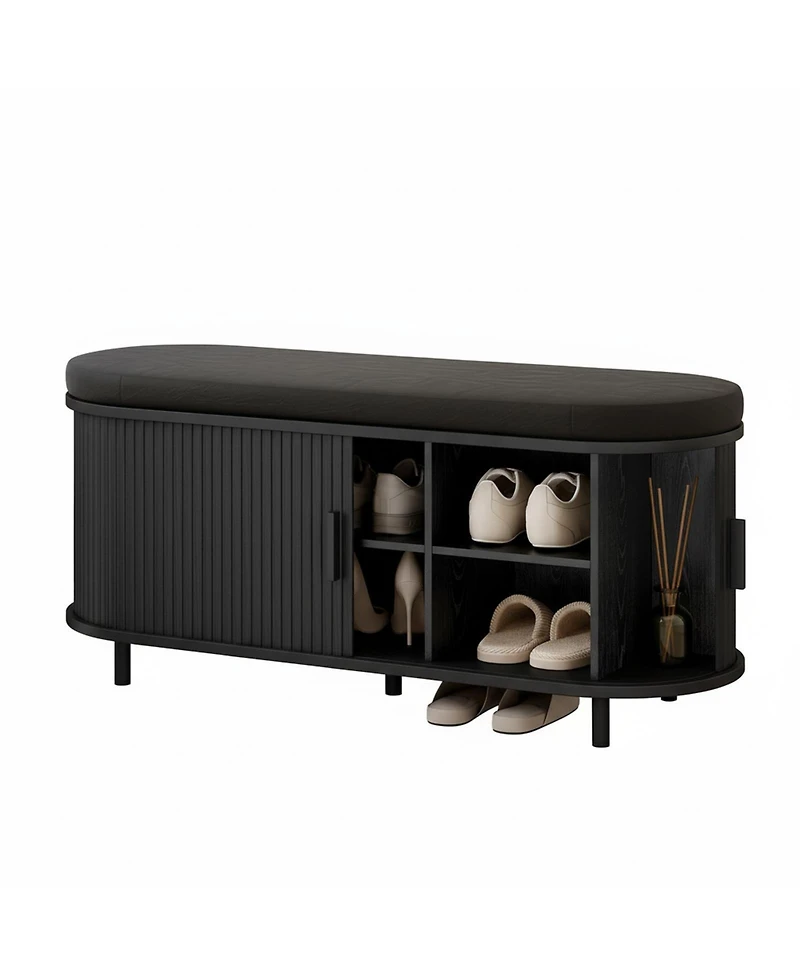 Yigii 43" Shoe Bench Storage Sliding Door Adjustable Shelf Fluted Cushion Entryway Hallway Living Room