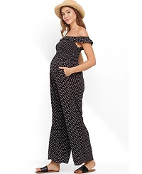 Hello Miz Maternity Smocked Wide Leg Off the Shoulder Jumpsuit with Pockets