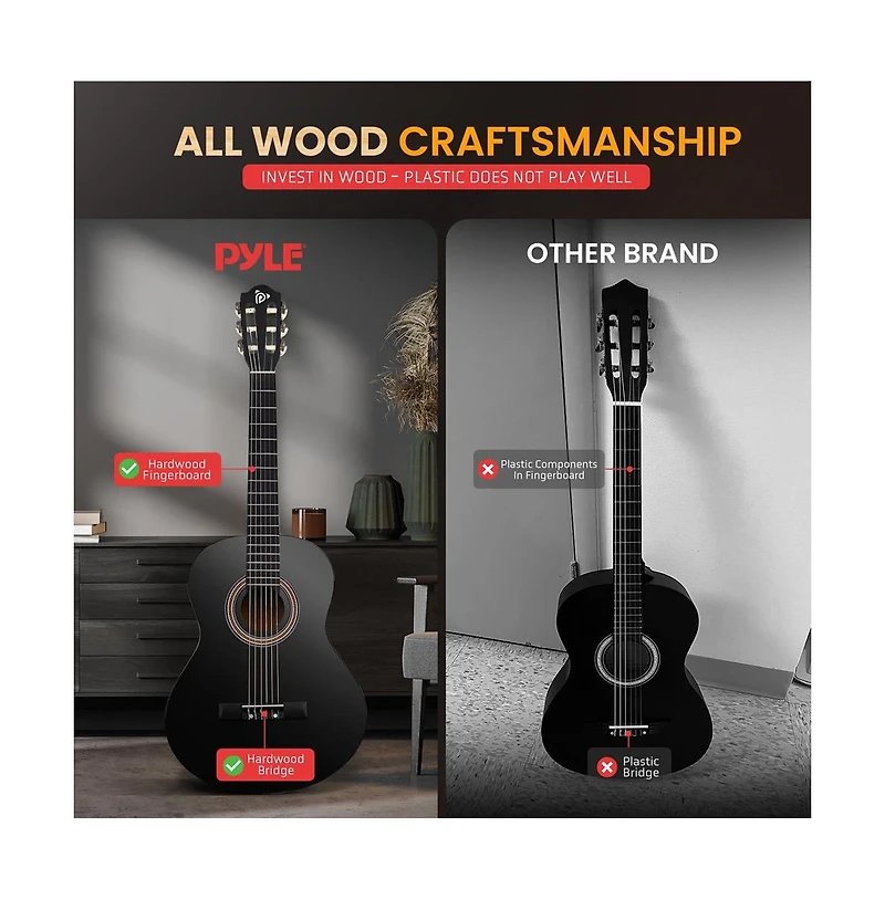 Pyle 6-String Classic Nylon String Guitar, 30 Acoustic Junior Scale with Digital Tuner and Accessory Kit
