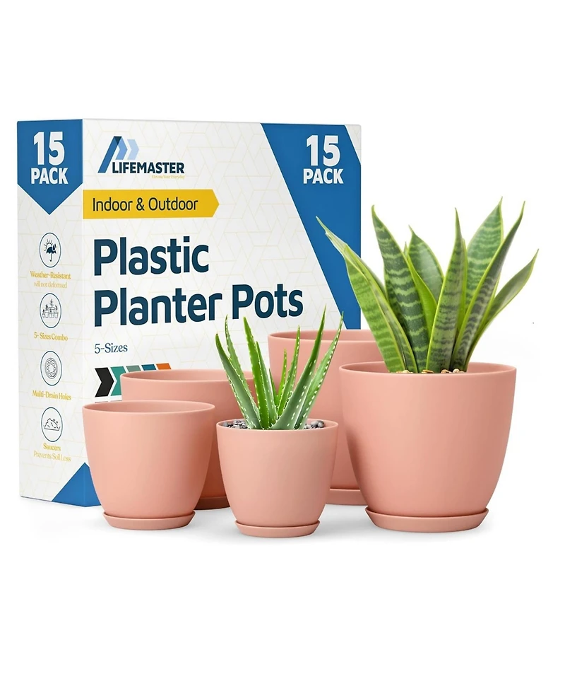 Lifemaster stackable plant pots with drainage holes and saucers, 15-pack (7", 6.7", 6", 5.3", 4.8"). Durable, weatherproof