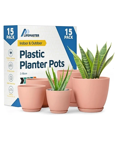 Lifemaster stackable plant pots with drainage holes and saucers, 15-pack (7", 6.7", 6", 5.3", 4.8"). Durable, weatherproof