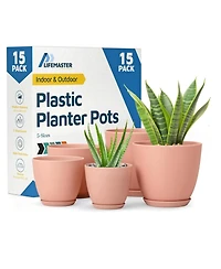 Lifemaster stackable plant pots with drainage holes and saucers, 15-pack (7", 6.7", 6", 5.3", 4.8"). Durable, weatherproof