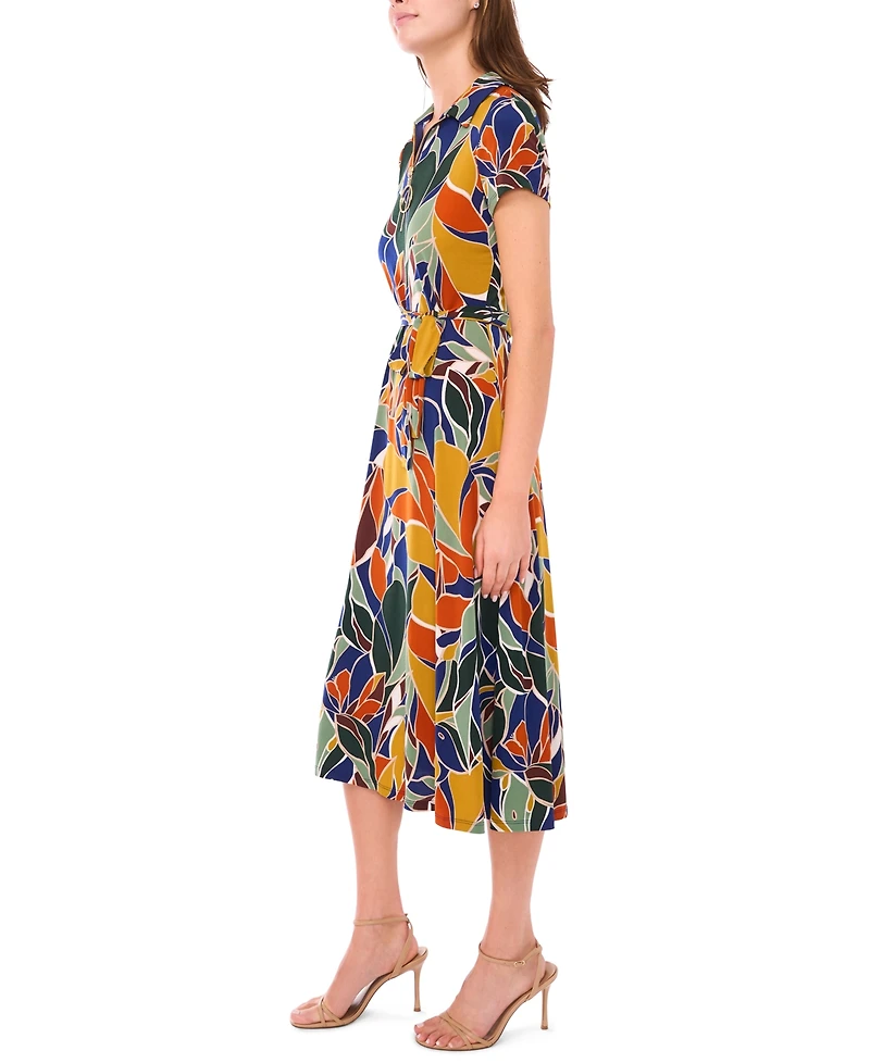 Msk Petite Short-Sleeve Collared Belted Midi Dress