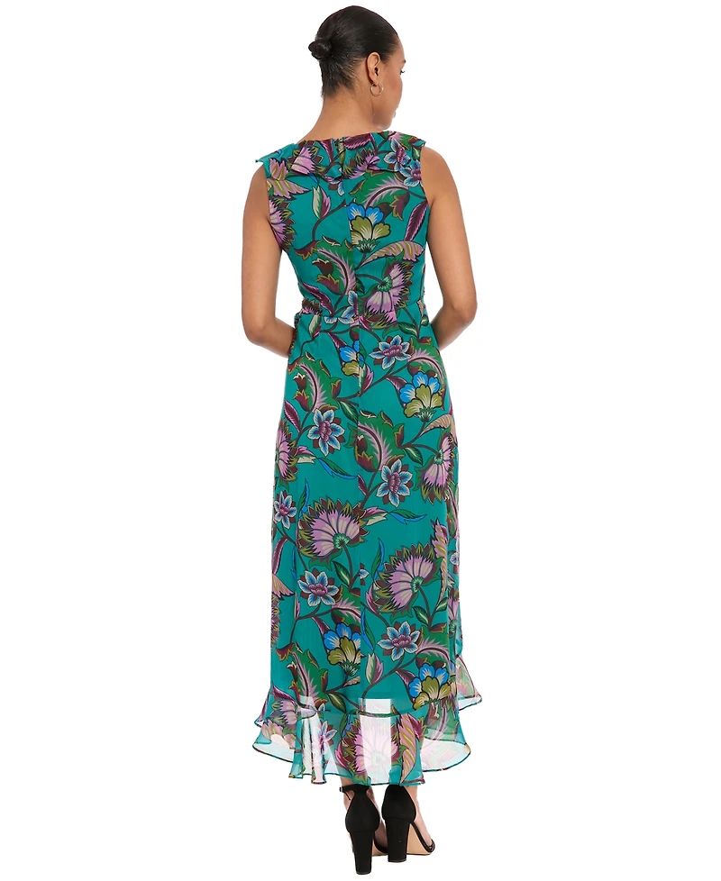 London Times Petite Ruffle Trim Surplice Neck High-Low Dress