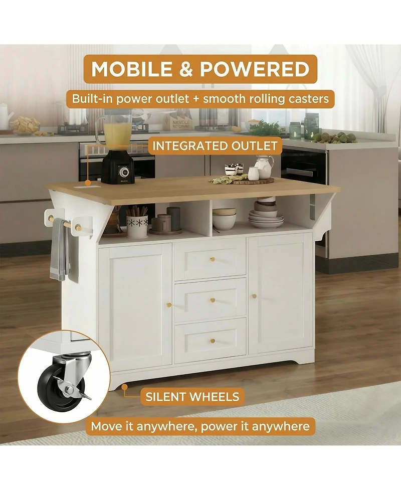 Clihome Rolling Kitchen Island with Power Outlet, Spice Rack and 2 Drop Leaf