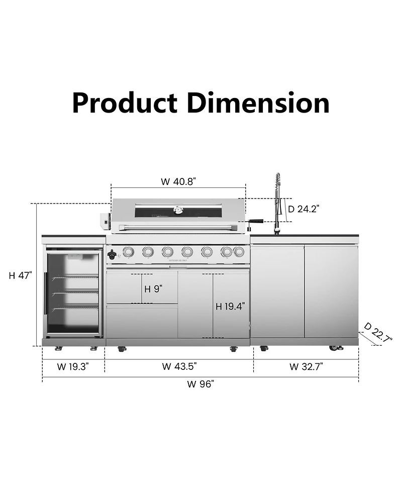 Mondawe 43" 6-Burner 85000 Btu Stainless Steel Outdoor Kitchen Grill Island with Fridge