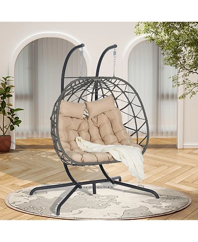Asagikoiai Outdoor Double Egg Chair with Stand and Cushions, Hanging Wicker Patio Swing
