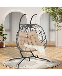 Asagikoiai Outdoor Double Egg Chair with Stand and Cushions, Hanging Wicker Patio Swing