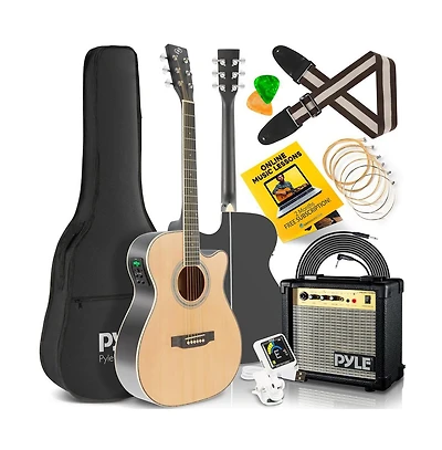 Pyle Electric Acoustic Guitar Kit - 6-String Guitar with Amplifier, Digital Tuner, and Accessories, Natural Finish
