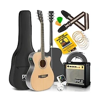 Pyle Electric Acoustic Guitar Kit - 6-String Guitar with Amplifier, Digital Tuner, and Accessories, Natural Finish