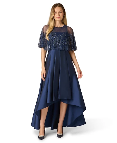 Adrianna Papell Women's Boat Neck Bead Cape Taffeta Dress